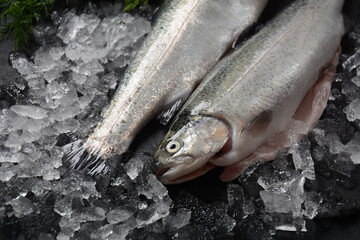 Fresh trout on dark table with lemon, pepper and dill. Tasty fish ready for cooking. Healthy seafood and dieting concept.