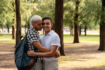 Gay couple embracing in a public park