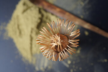 Organic green tea Matcha powder with Japanese tools Chasen bamboo whisk, Chashaku spoon. Japanese food. Vegetarian healthy drink, beverage.