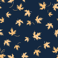 Autumn falling leaves seamless pattern. Vector background with yellow maple leaf silhouettes on black backdrop. Stylish abstract texture. Hand drawn art. Repeat design for prints, decor, wallpapers