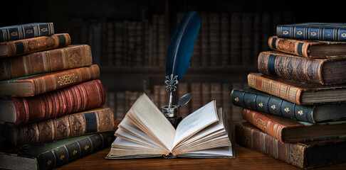 Old books ,quill pen and vintage inkwell on desk in old library. Ancient books historical...
