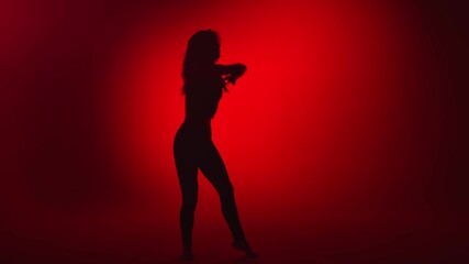 Shadow seductive feminine dancer performing strip plastic choreography. Wide shot on RED camera - Powered by Adobe