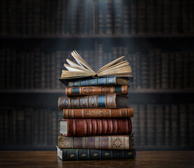 A stack of old books on table against background of bookshelf in library. Ancient books as a symbol...