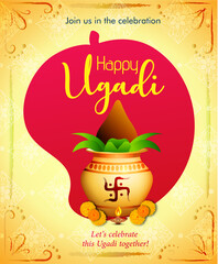 Greeting card with Kalash and traditional celebration  Indian New Year festival Ugadi (Gudi Padwa). Vector illustration. - 423808772