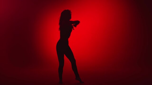 Shadow seductive feminine dancer performing strip plastic choreography. Wide shot on RED camera