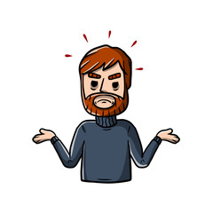 Disgruntled man threw up his hands. Sad character. sorrowful guy. Emotions of malice and unfortunate. Hand-drawn sketch. Unhappy guy