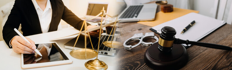 Business and lawyers discussing contract papers with brass scale on desk in office. Law, legal services, advice, justice and law concept picture with film grain effect