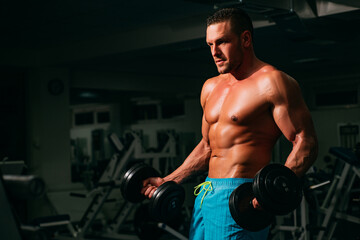 Fototapeta na wymiar Bodybuilder in gym with dumbbells. Biceps exercises. Training and workouts. Sportsman with shirtless torso. Sporty workout. Athletic body.