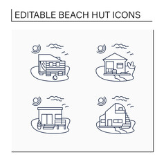 Beach hut line icons set. Modern facade comfortable houses on beach. Perfect relax place. Seascape. Rest concept. Isolated vector illustrations. Editable stroke