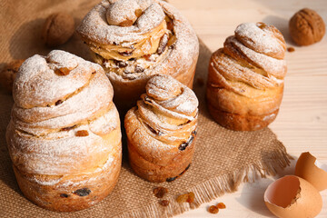 Homemade Easter Kraffins on white wooden background