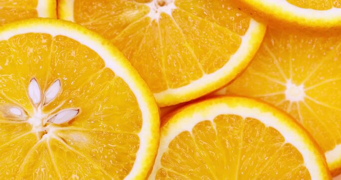 oranges slices rotate. Fresh citrus orange fruit close up. Super slow motion