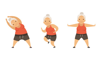 Senior Woman with Grey Hair Doing Physical Exercises Stretching Vector Set