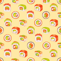Seamless pattern with sushi drawn by watercolor on a yellow background. Pattern with different types of nigiri sushi. Illustration with delicious Japanese food.