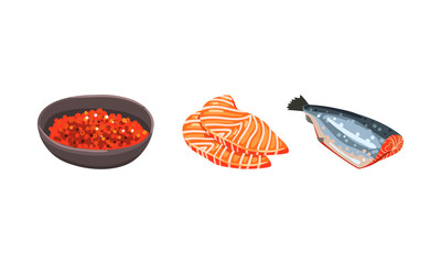 Fresh Salmon Fish Fillet and Red Caviar in Bowl as Seafood Product Vector Set