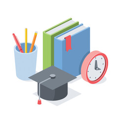 Education books textbooks, time clock, student cap. Vector 3d symbol, isometric, color web icons, new flat style. Creative design idea, concept for infographics.