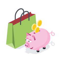 Shopping bag pig piggy bank. Vector 3d symbol, isometric, color web icons, new flat style. Creative design idea, concept for infographics.