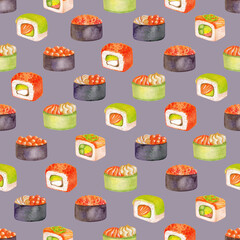 Seamless pattern with sushi drawn by watercolor and isolated on a purple background. Pattern with different types of nigiri sushi. Illustration with delicious Japanese food.