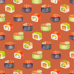 Seamless pattern with sushi drawn by watercolor. Pattern with different types of nigiri sushi. Illustration with delicious Japanese food.