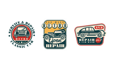Obraz premium Auto Service and Repair Badges with Retro Car Vector Set