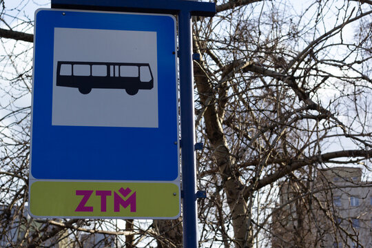 Chorz&oacute;w, Poland - March 28, 2021: ZTM (Zarząd Transportu Metropolitalnego) bus stop sign.