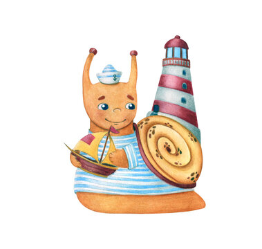 A baby snail in a vest with a lighthouse and a boat. Childrens watercolor illustration in cartoon style isolated on white background.
