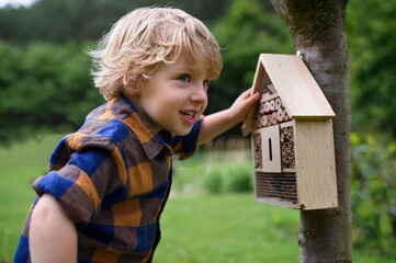 Small boy playing with bug and insect hotel in garden, sustainable lifestyle.