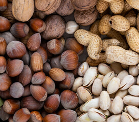 Pistachios, walnuts, hazelnuts, and peanuts in one bowl. Natural, soft light