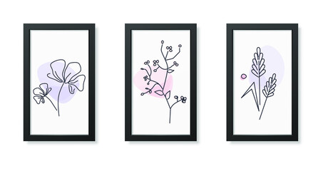 Three minimalist posters of flower , wall decor, flat design,poster design-vector