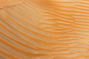 Sand dune texture close-up view, with wave pattern formed by the wind, Dubai, United Arab Emirates.