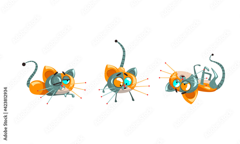 Sticker Cute Robotic Cat with Metal Tail and Whiskers Lying and Rolling Vector Set