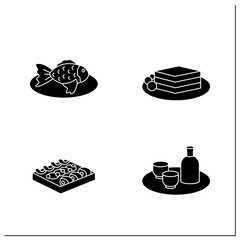 Japanese food glyph icons. Spring delicates. Sake, hanami bento, hamachi, sakura taiyaki. Tradition meal.Filled flat sign. Isolated silhouette vector illustration