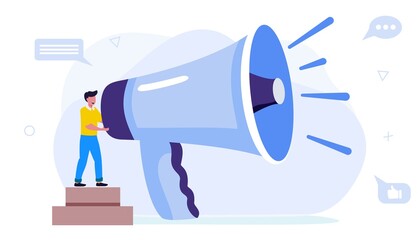 Professional speaker with megaphone Tiny people creative trainees or company members listening to the performance to skilled coach or senior colleague Vector illustration flat design style