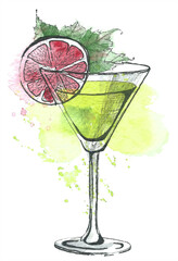 Hand-painted watercolor classic green cocktail, isolated object on white background, mojito