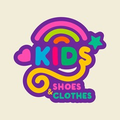 Amusing Lettering Kids shoes and clothes shop logo,children store colorful cartoon icon with rainbow on bright background.Design template baby icon kid shop,clothing store,sign childhood.Vector