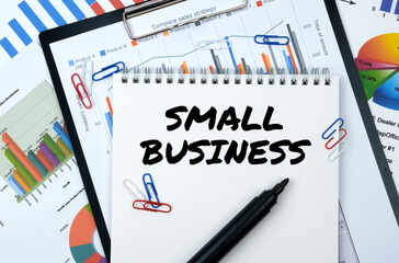 On the table are reports, charts, a notebook with the inscription - SMALL BUSINESS