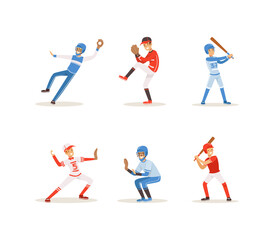 Fototapeta na wymiar Baseball Players Set, Cheerful Softball Athletes Characters in Red and Blue Uniform Cartoon Vector Illustration