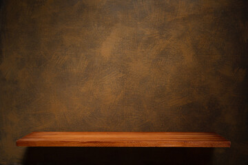 Wooden shelf and painted background texture as abstract wall surface. Book shelf at wall background