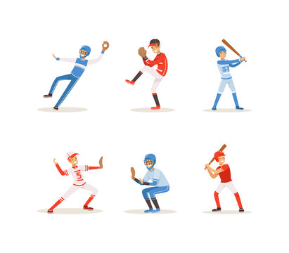 Baseball Players Set, Cheerful Softball Athletes Characters in Red and Blue Uniform Cartoon Vector Illustration