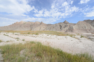 Scenic view of the unusual landscape and terrain at Badlands National Park in South Dakota