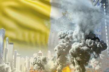 big smoke pillar with fire in the modern city - concept of industrial blast or act of terror on Holy See flag background, industrial 3D illustration
