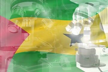 Microscope on Sao Tome and Principe flag - science development conceptual background. Research in microbiology or pharmaceutical industry, 3D illustration of object