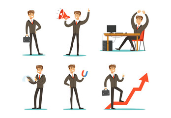 Businessman Working in Office Set, Cheerful Boss or Employee at Work Cartoon Vector Illustration