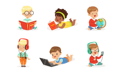 Cute Kids Reading Books and Listening Music Set, Little Children Doing Various Activities Cartoon Vector Illustration