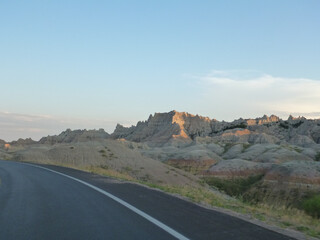 Landscape view of the unusual rock formations at Badlands National Park in South Dakota near sunset