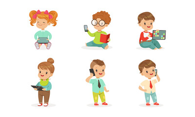 Cute Kids Using Modern Gadgets Set, Little Boys and Girls Learning, Communicating and Playing with Tablets PC and Smartphones Cartoon Vector Illustration