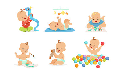 Infant Baby Different Activities Set, Adorable Baby Boys and Girls Playing Toys, Painting with Fingerprints and Having Fun Cartoon Vector Illustration