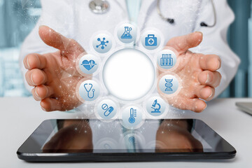 Doctor shows the structure of medical icons .