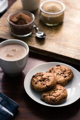 Pile of cookies on a plate close to a cup of cocoa on wooden desk before sugar and cocoa powder
