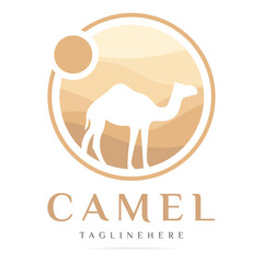 Arabian Logo Camel in desert dunes on beige color gold sand under hot sun in circle wavy pattern background.Design template icon,badge, pictogram,symbol,tourism sign,travel,hot places.Vector isolated