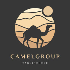 Arabian Logo Camel in desert dunes on beige color gold sand under hot sun in circle wavy pattern background.Design template icon,badge, pictogram,symbol,tourism sign,travel,hot places.Vector isolated
